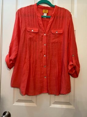 Ruby Rd. Coral-Red Button-Front Roll-Tab Shirt